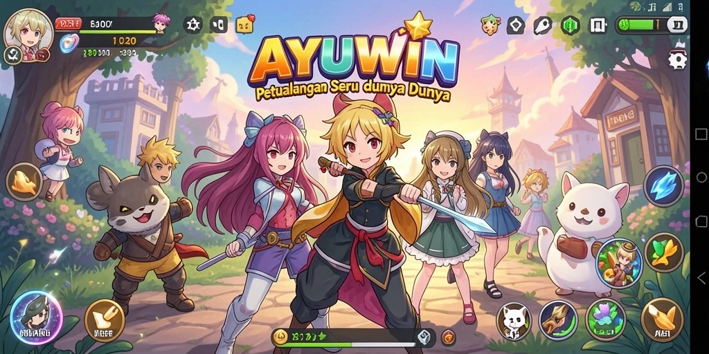 Tampilan gameplay AYUWIN dengan karakter anime yang dinamis.