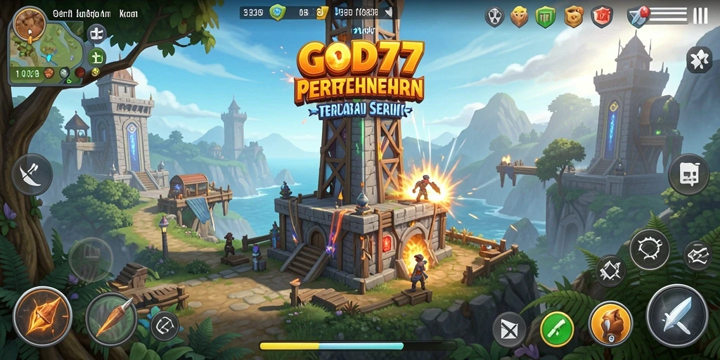 Tangkapan layar utama GOD77 menampilkan aksi seru dalam pertahanan menara.