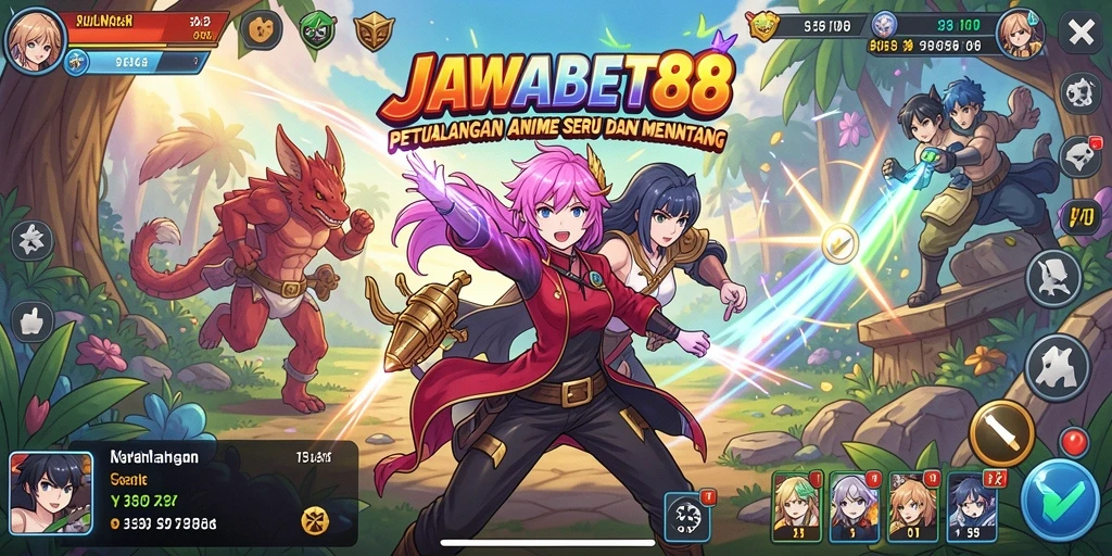 Tampilan gameplay seru JAWABET88 dengan karakter anime menarik.