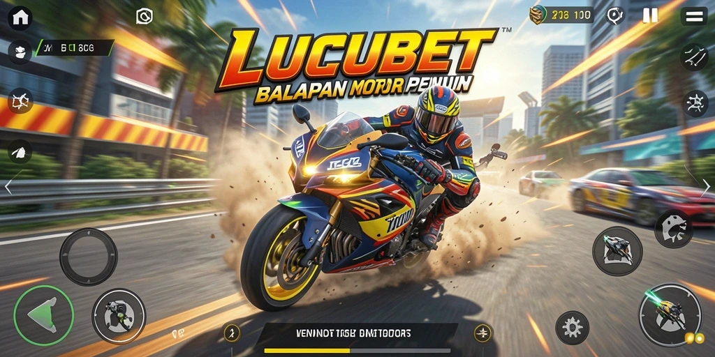 Screenshot gameplay LUCUBET menampilkan balapan motor yang mendebarkan.