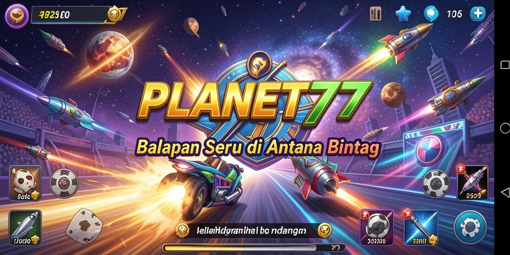 Tampilan balapan seru di luar angkasa dengan kendaraan futuristik.
