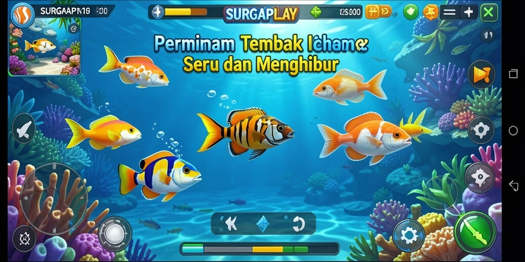 Tampilan gameplay seru menembak ikan di bawah laut.