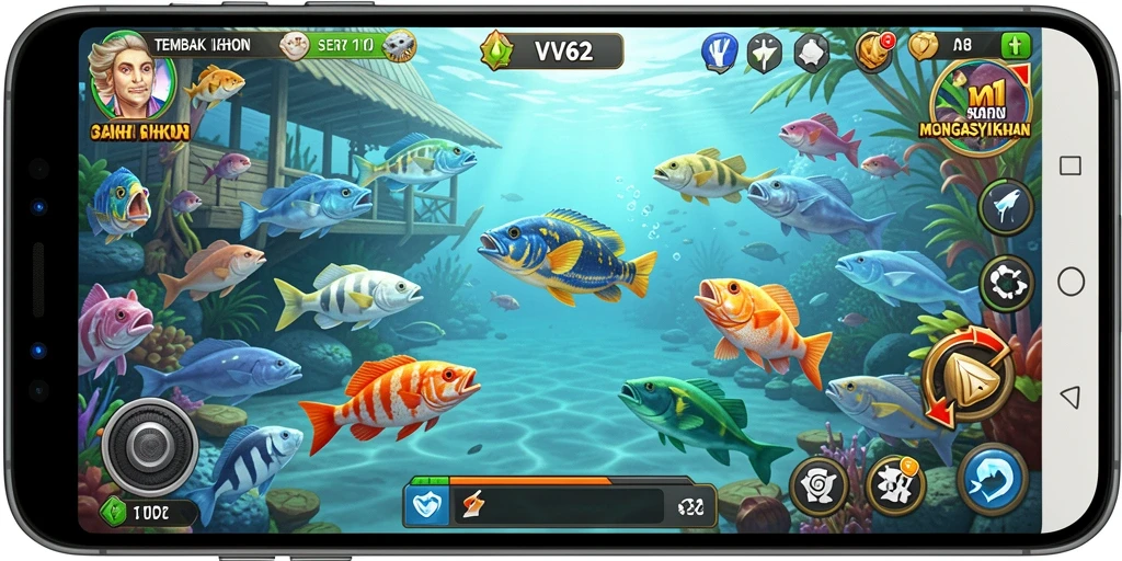 Tangkapan layar gameplay VV62 menampilkan aksi seru dalam Tembak Ikan.